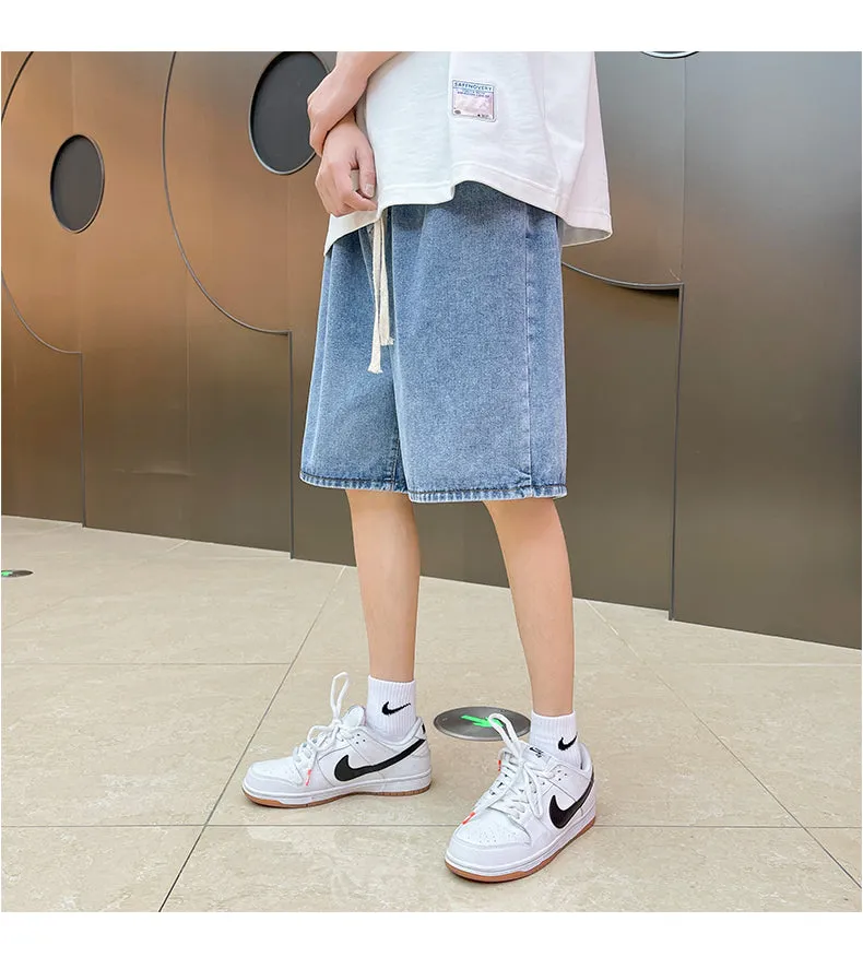 Xituodai 2022 Summer New Men Baggy Thin Denim Shorts Korean Fashion Cotton Elastic Waist Drawstring Oversize Short Jeans Black B