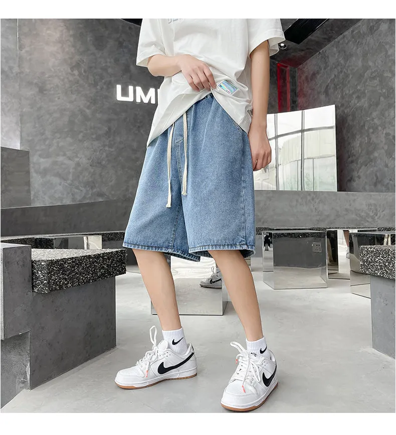 Xituodai 2022 Summer New Men Baggy Thin Denim Shorts Korean Fashion Cotton Elastic Waist Drawstring Oversize Short Jeans Black B