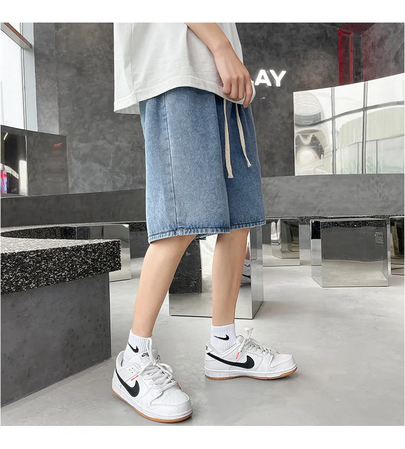 Xituodai 2022 Summer New Men Baggy Thin Denim Shorts Korean Fashion Cotton Elastic Waist Drawstring Oversize Short Jeans Black B