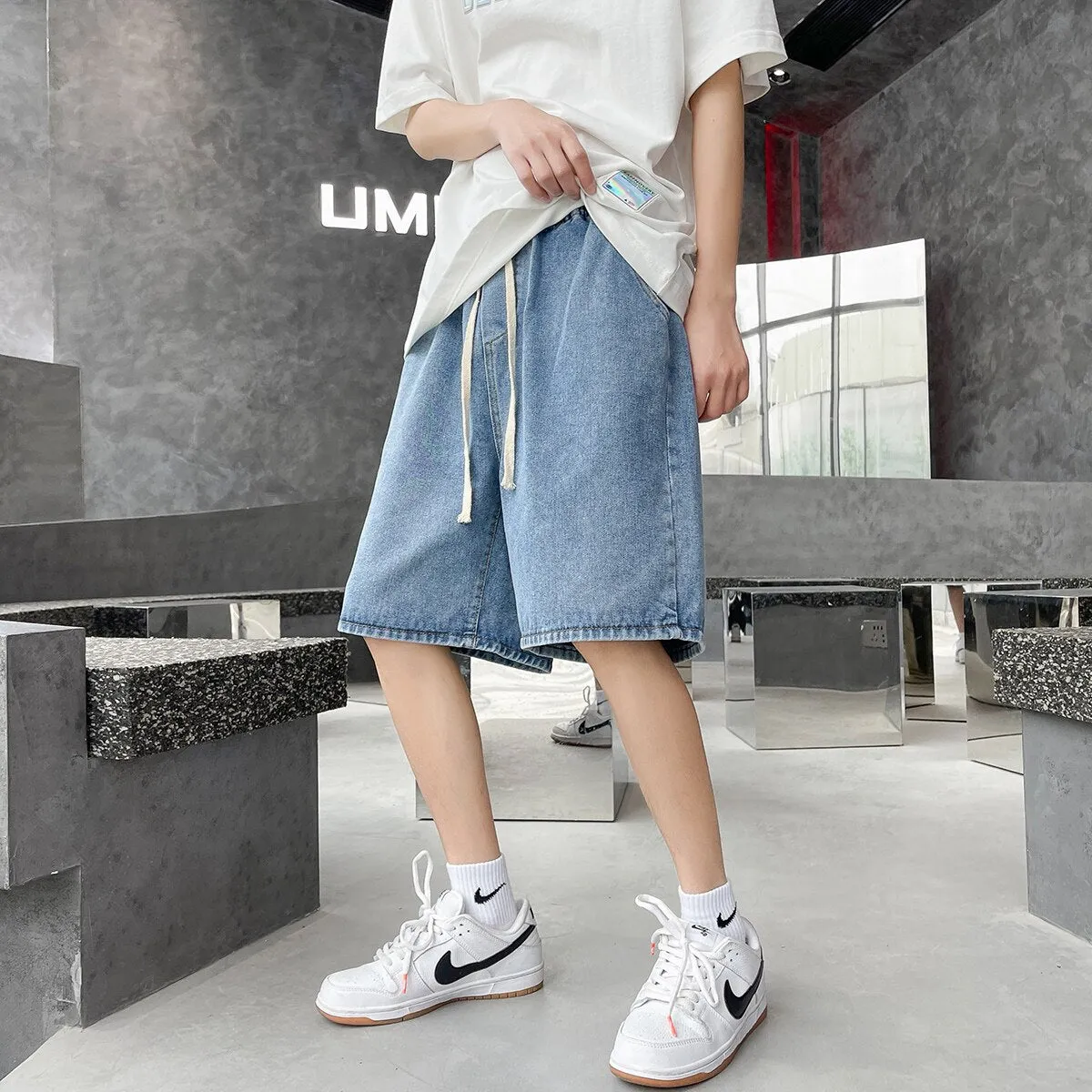 Xituodai 2022 Summer New Men Baggy Thin Denim Shorts Korean Fashion Cotton Elastic Waist Drawstring Oversize Short Jeans Black B