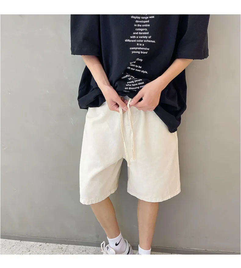 Xituodai 2022 Summer New Men Baggy Thin Denim Shorts Korean Fashion Cotton Elastic Waist Drawstring Oversize Short Jeans Black B