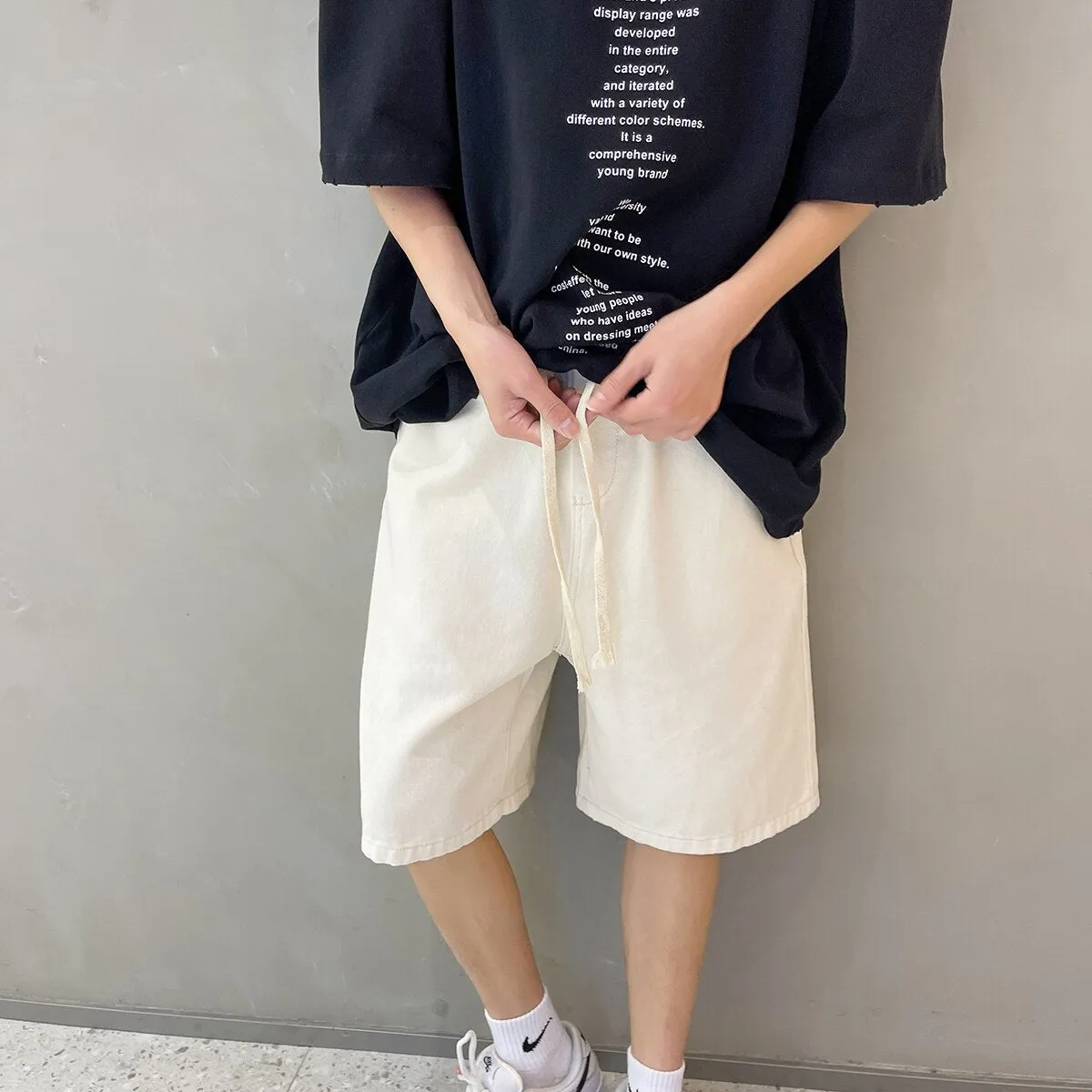 Xituodai 2022 Summer New Men Baggy Thin Denim Shorts Korean Fashion Cotton Elastic Waist Drawstring Oversize Short Jeans Black B