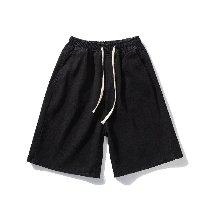 Xituodai 2022 Summer New Men Baggy Thin Denim Shorts Korean Fashion Cotton Elastic Waist Drawstring Oversize Short Jeans Black B